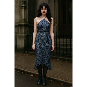 Whimsigoth Fairy New Year's Eve Y2K Smokey Blue Lace Halter Bodycon S Midi Dress